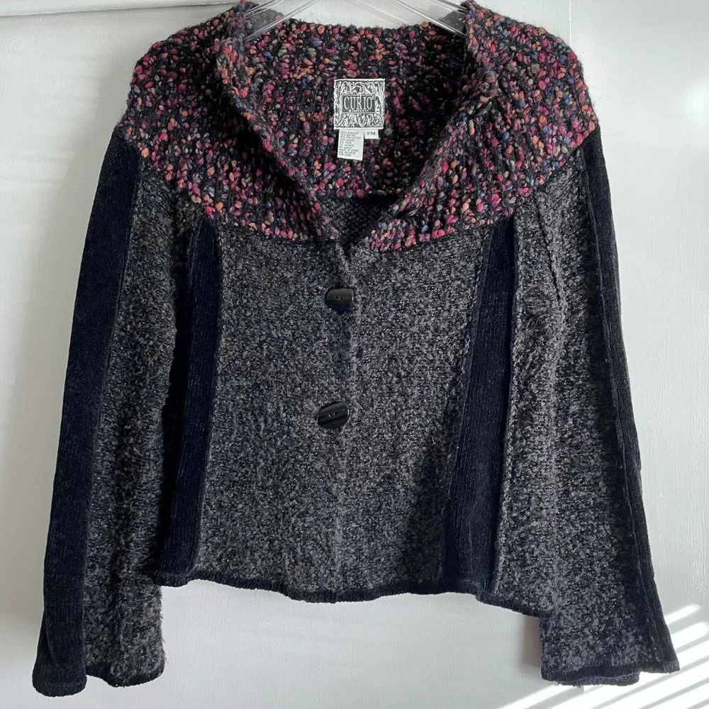 Curio Bell Sleeve Button Cardigan Sweater Boucle Collar Jacket MP Gray Black